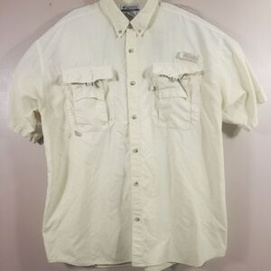 Columbia PFG Mens Large  Fishing Shirt 100% Nylon  Button Down Yellow- FLAWED